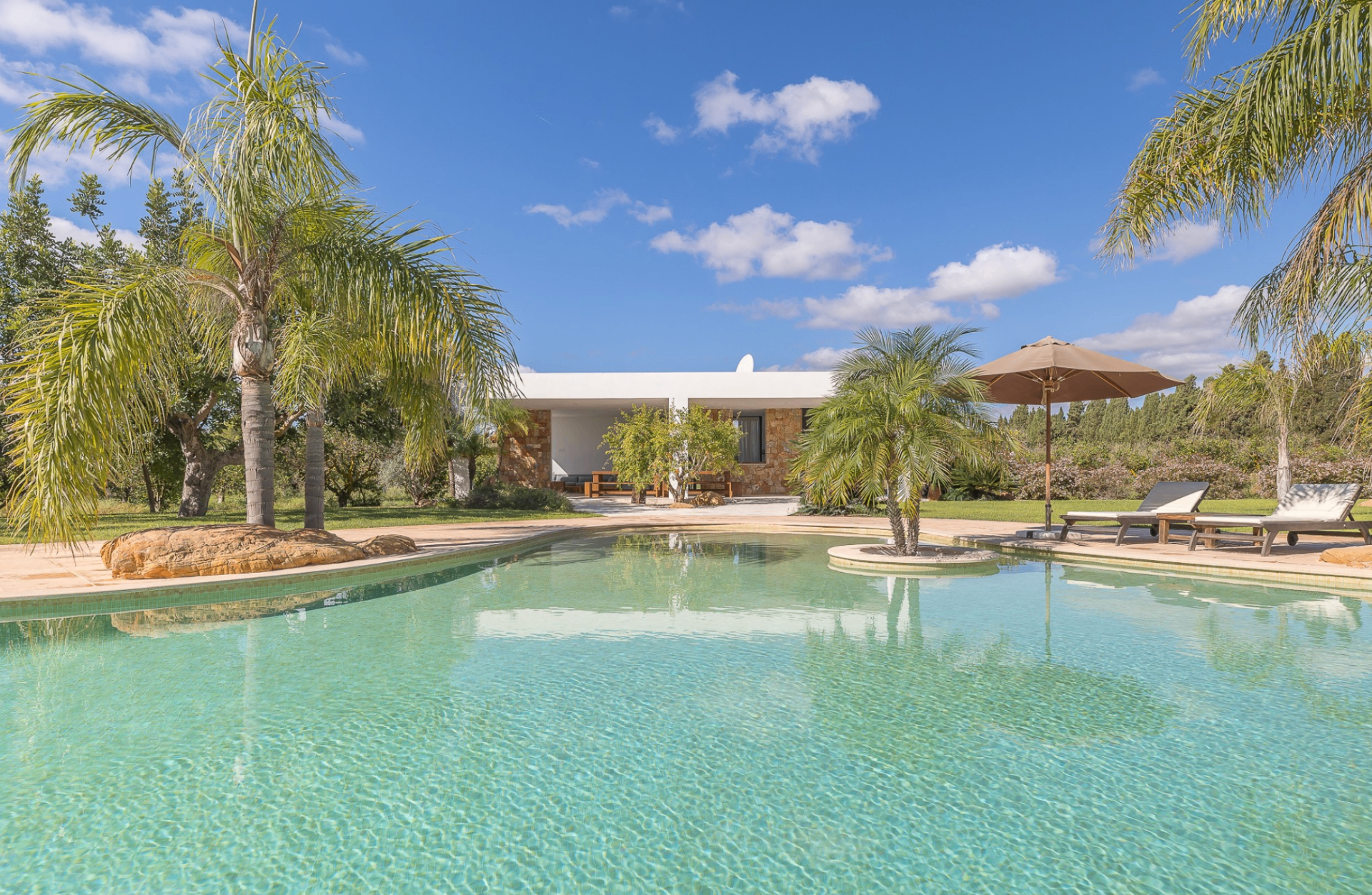 Turquoise pool with palm trees and sun loungers at a low white Ibiza villa